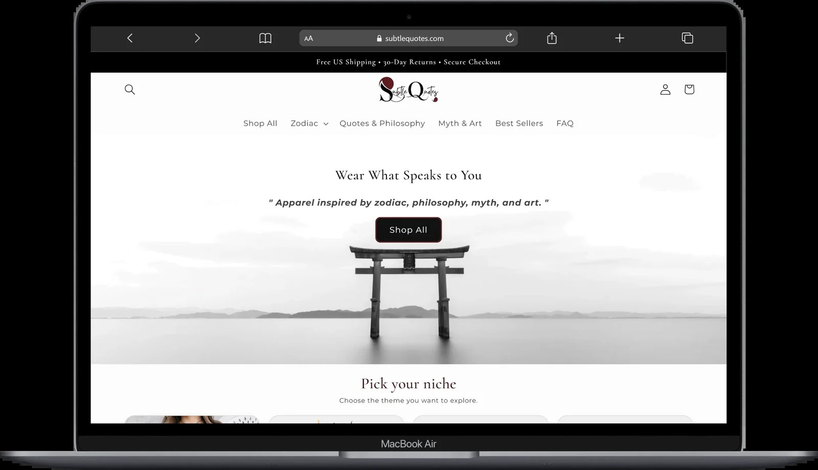 Subtle Quotes clothing store built on Shopify