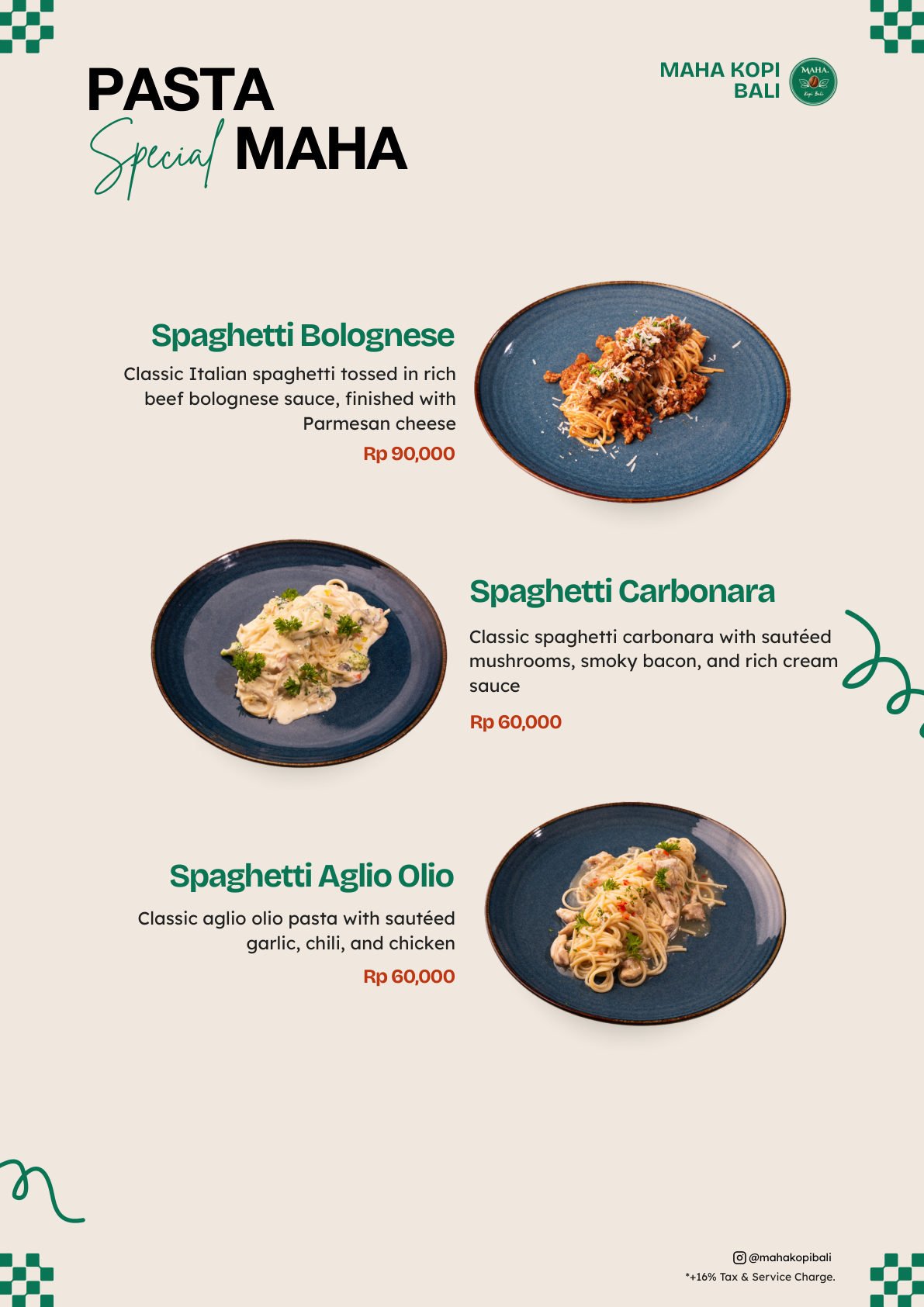 Maha Kopi Bali menu page 7 — Pasta