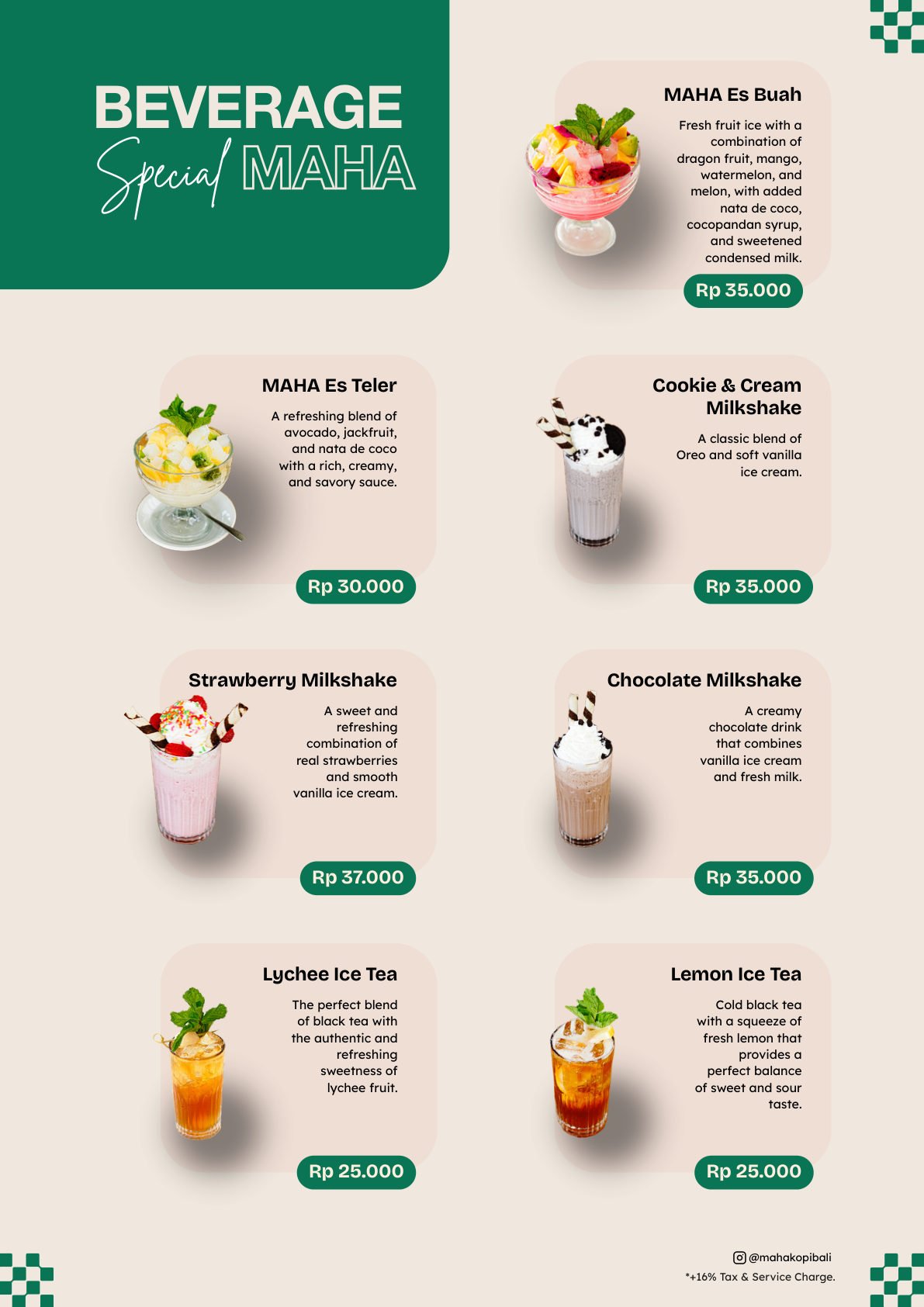 Maha Kopi Bali menu page 16 — Beverages & Milkshakes